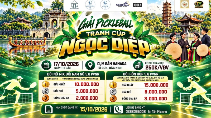 GIẢI PICKLEBALL TRANH CUP NGỌC DIỆP - ĐÔI NỮ/ ĐÔI NAM NỮ 5.0 PVNR